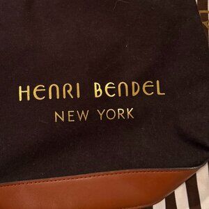 Henri Bendel New York Black Canvas Faux Leather Drawstring Bucket Backpack 13”